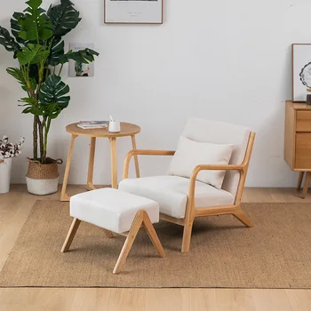 Модерен минималистичен разтегателен Nordic One Seat Мързел Sofa Спалня хол Текстилен шезлонг Дървен разтегателен фотьойл Мебели за дома