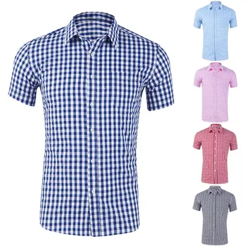 Реколта клетчатая риза, мъжка лятна риза с къс ръкав и ревера, ежедневни ризи в малка клетка с къси ръкави, дизайнерски красиви ризи Camisa