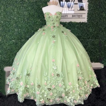 ANGELSBRIDEP Sage Зелена бална рокля, буйни рокли, Корсет с дантела аппликацией и отворени рамене, тюлевое рокля Vestidos De XV Anos