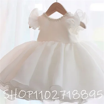 Кратко сватбена рокля с цветя модел за момичета, детски празнична рокля на принцеса с хубав нос, с кръгло деколте, рокля за бала на годишнина от рождението, розово, бяло