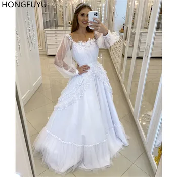 Сватбена рокля на Принцеса ХУНФУЮ с Квадратна Деколте и Пищна Дълъг ръкав, Дантелени Сватбени Рокли с 3D Цветя, vestidos