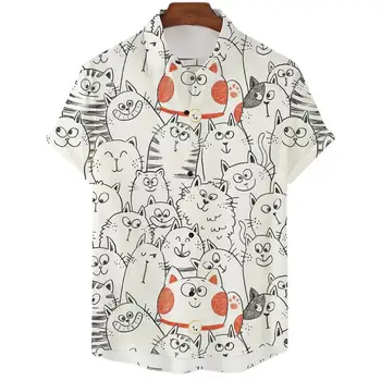 2023 Хавайска риза с шарките на аниме, мъжка риза, забавна ежедневна мода градинска дрехи с 3D Принтом Котка, мъжки Дрехи, Лято